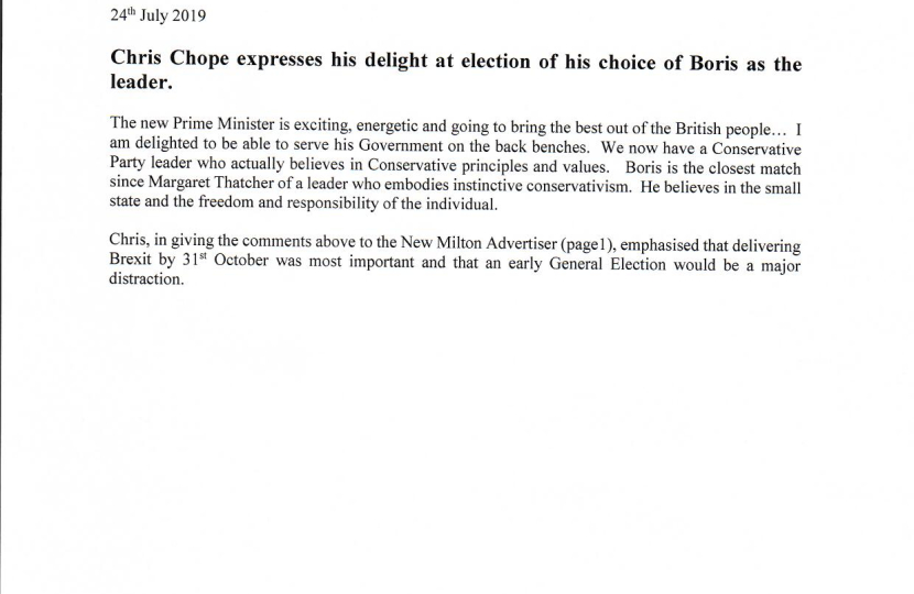 Chris Chope expresses his delight of his choice of Boris as the leader.